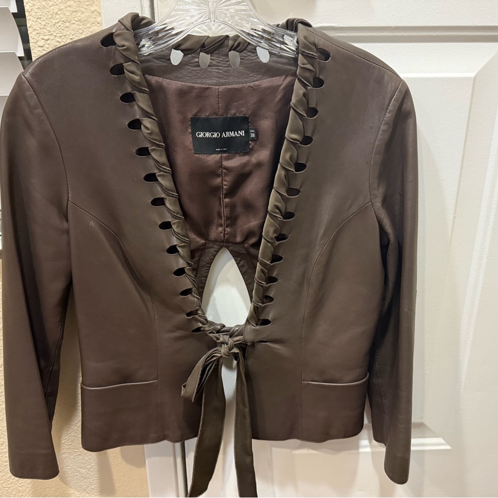 Giorgio Armani Brown Leather Jacket with Braided Trim